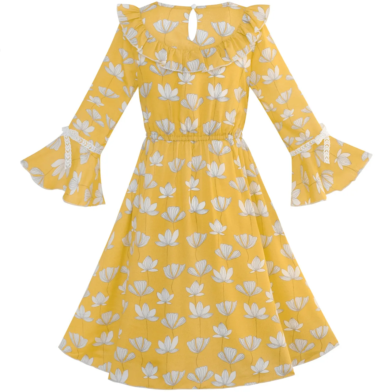 Girls Dress Chiffon Bell Sleeve Floral Elegant Dress Size 5-14 Years