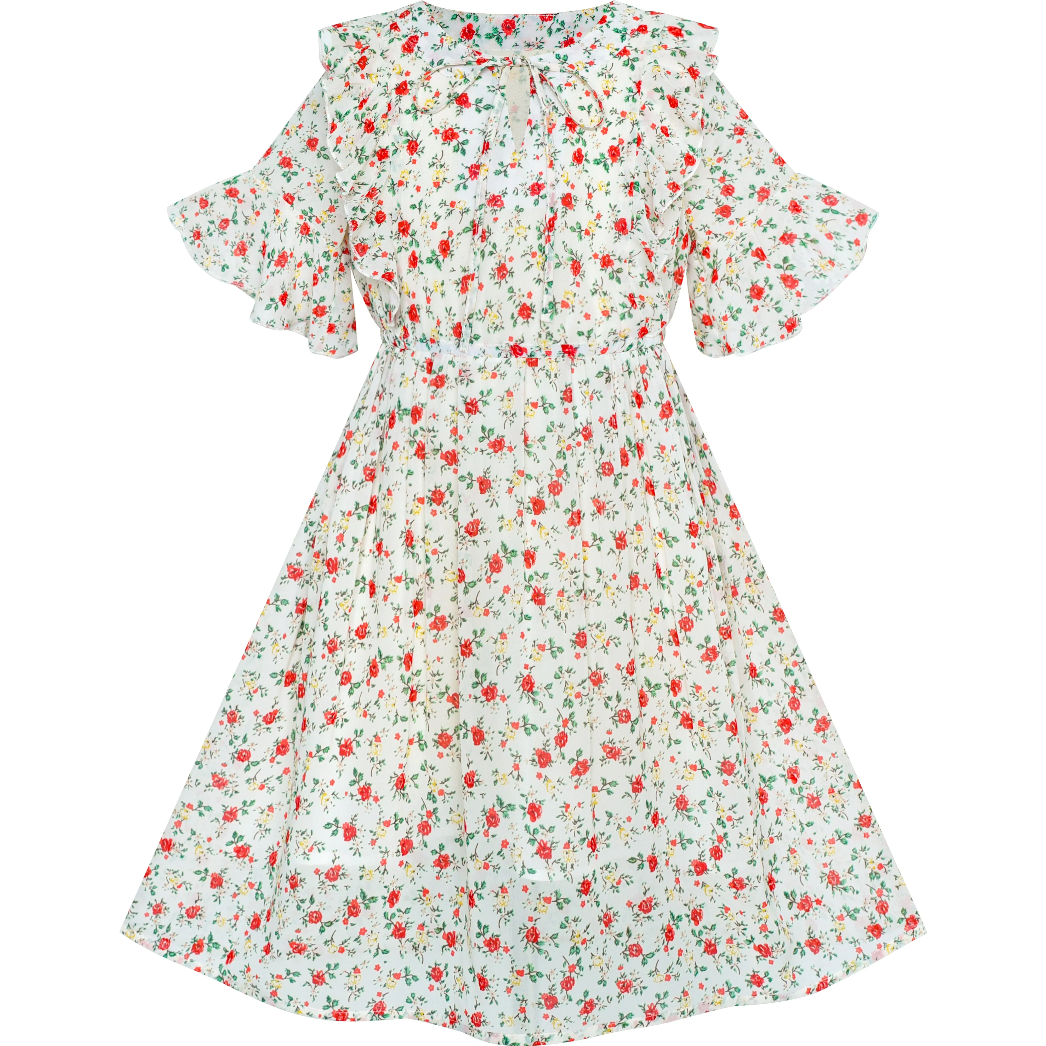 Girls Dress Chiffon Bell Sleeve Floral Elegant Dress Size 5-14 Years