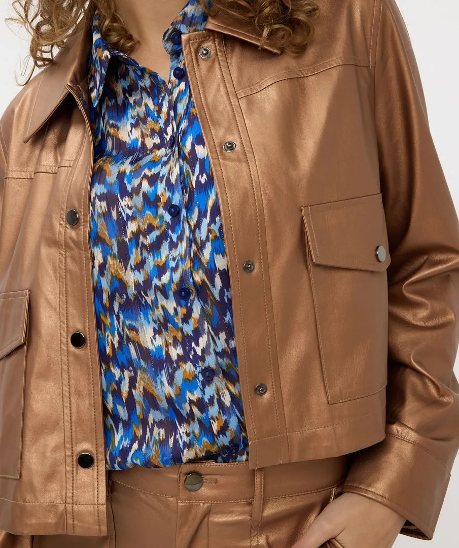 Gold Vegan Leather Jacket with Pocket Detail