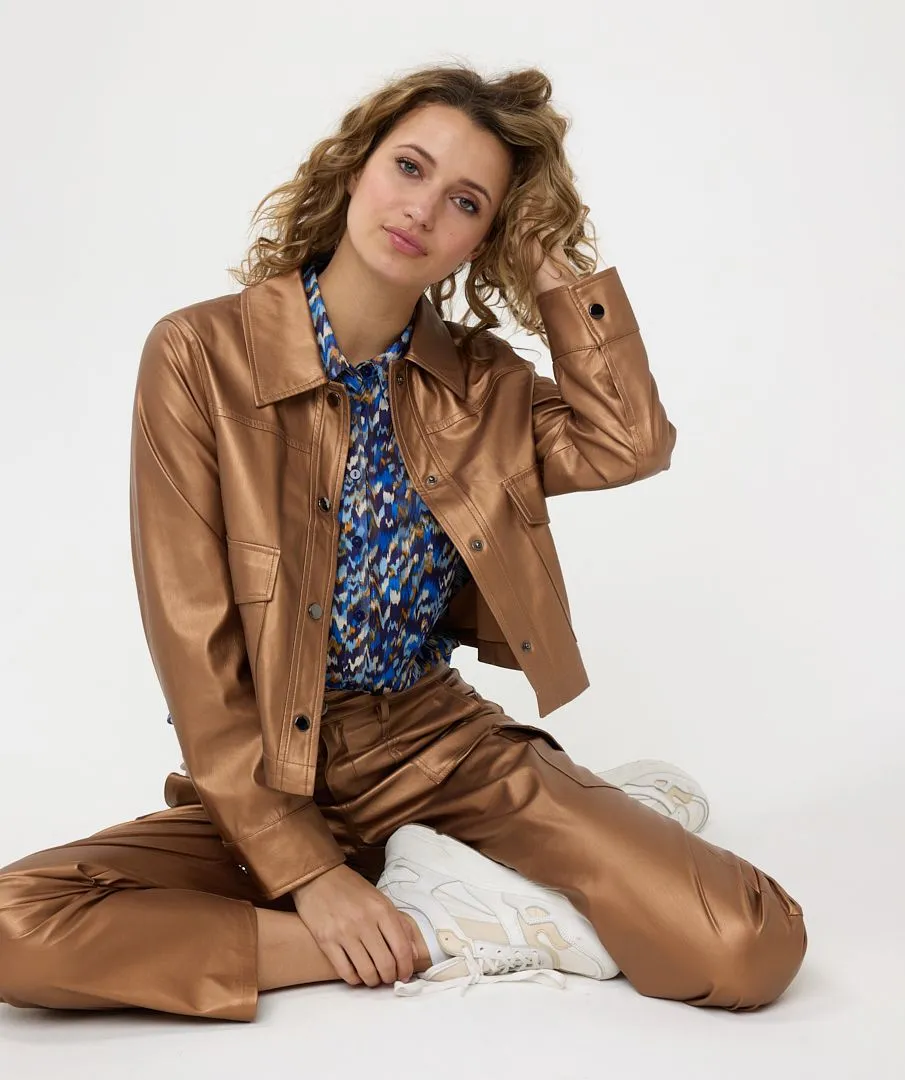 Gold Vegan Leather Jacket with Pocket Detail