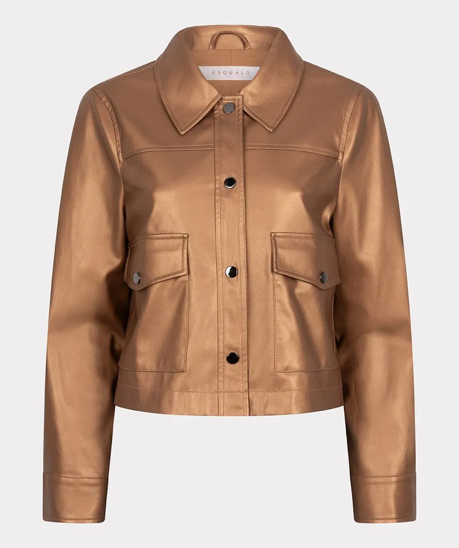Gold Vegan Leather Jacket with Pocket Detail