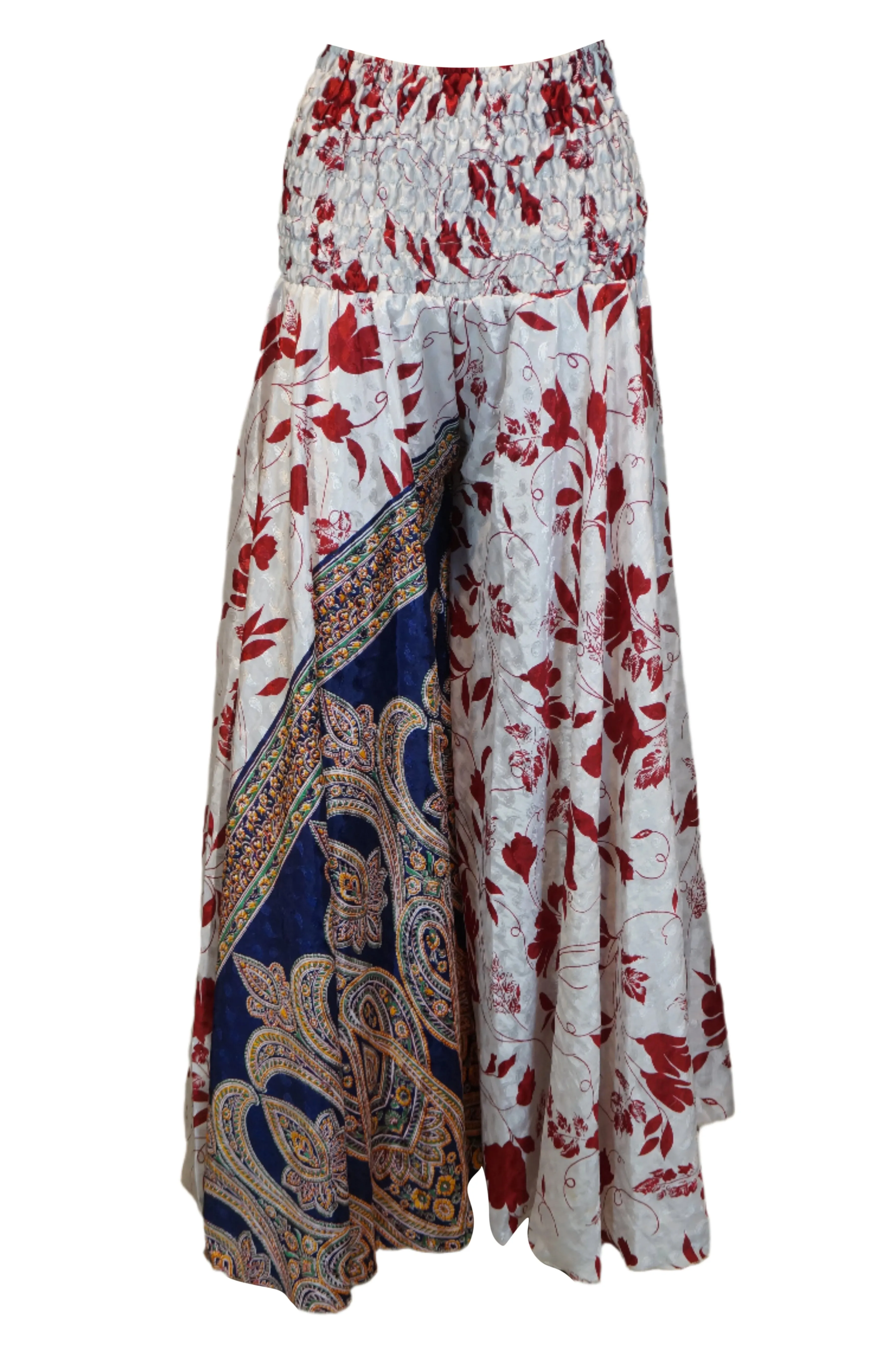 Graceful Bohemian White Palazzo Pants with Red Leaf Print – Handmade & Flowy SM