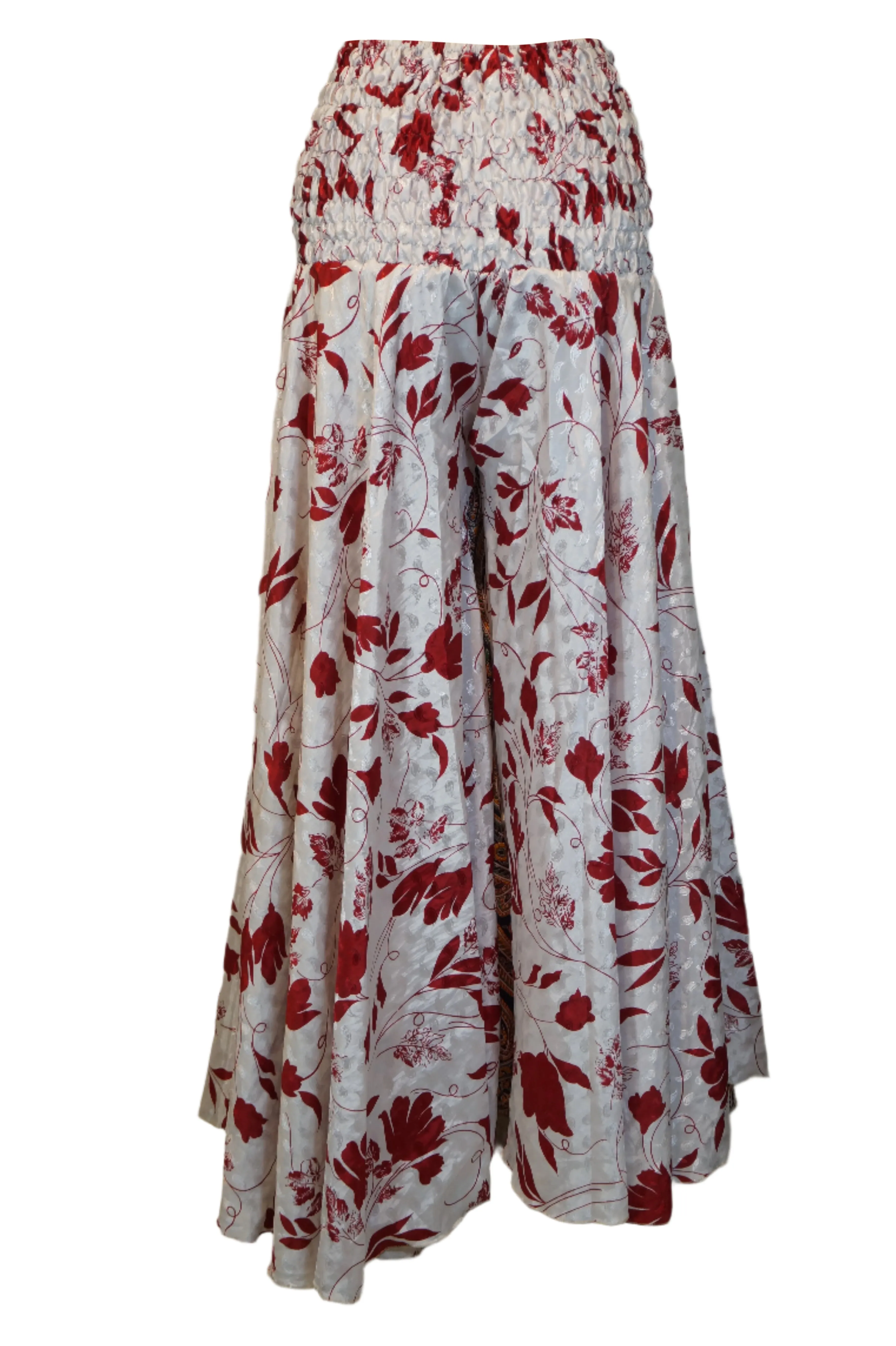 Graceful Bohemian White Palazzo Pants with Red Leaf Print – Handmade & Flowy SM