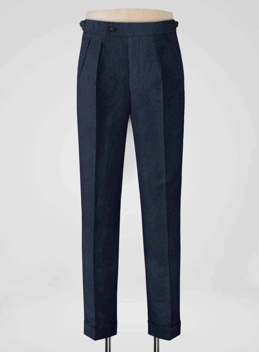 Italian Prato Dark Blue Dobby Linen Highland Trousers