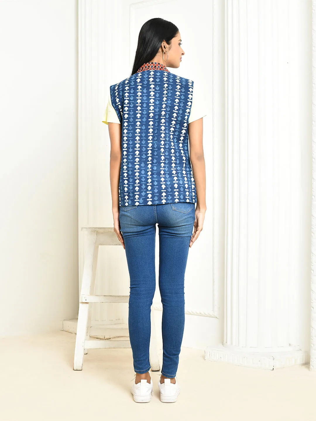 Juno Indigo Cotton Bagru & Ajrakh Print Waist-Length Jacket