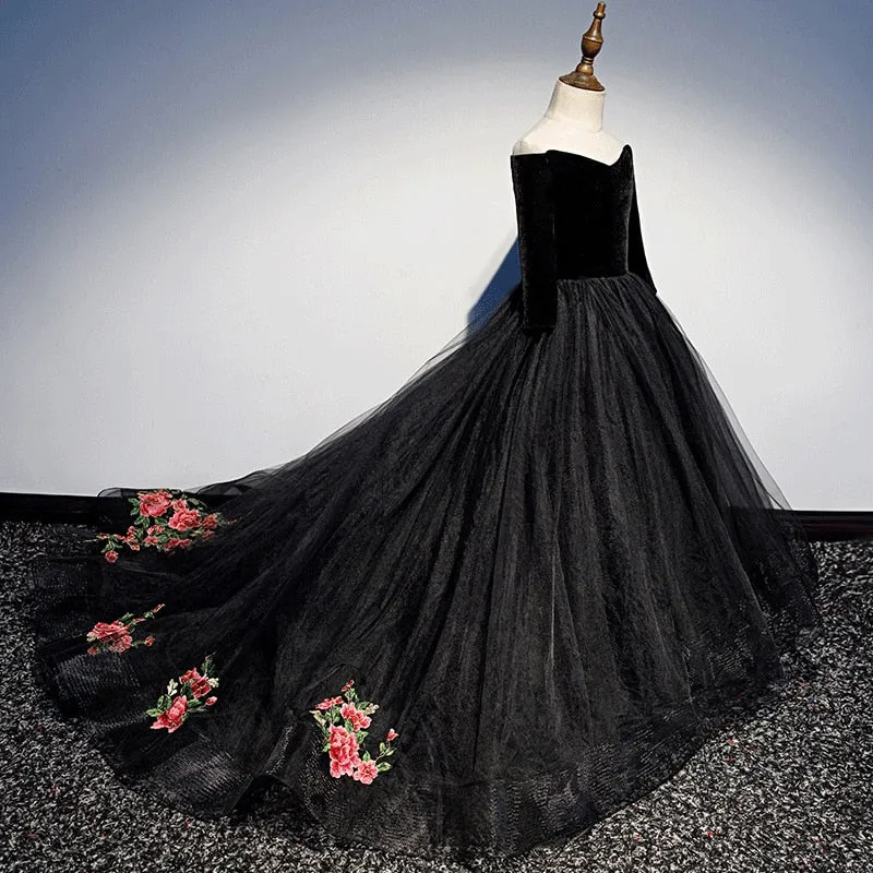 Kids Girls Elegant Long Black Embroidery Prom Dresses