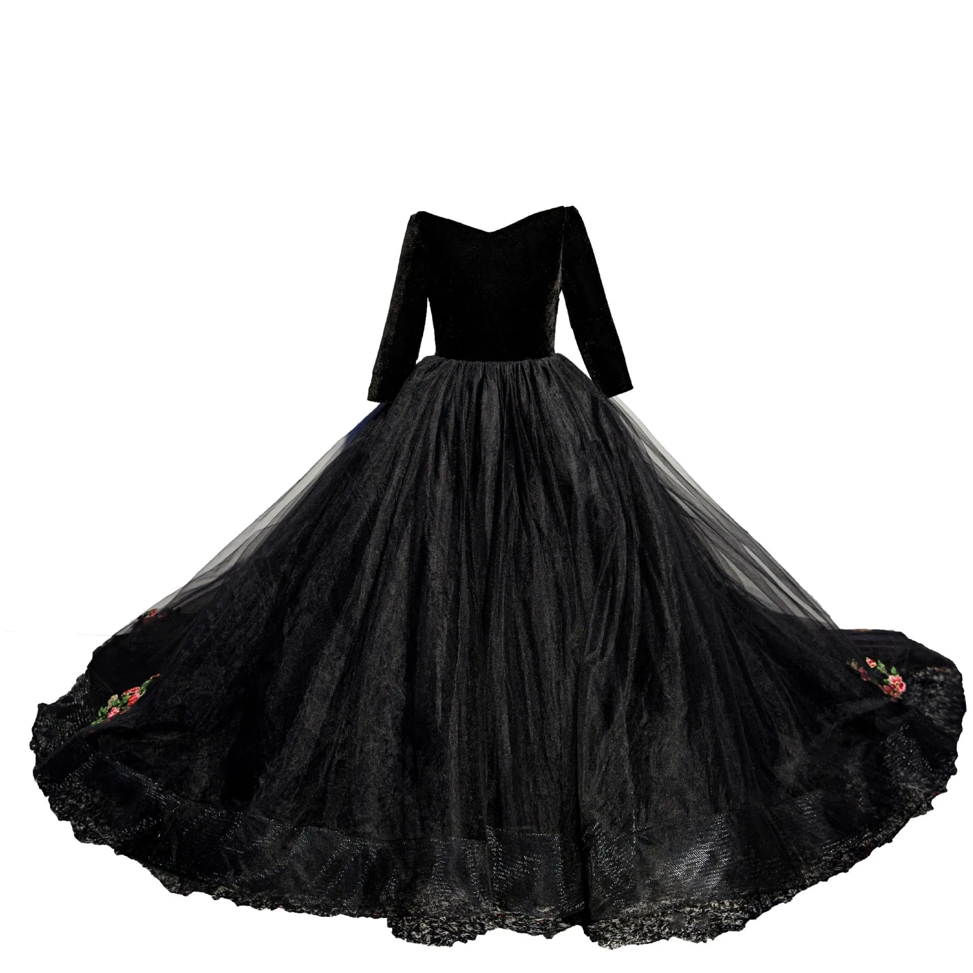 Kids Girls Elegant Long Black Embroidery Prom Dresses