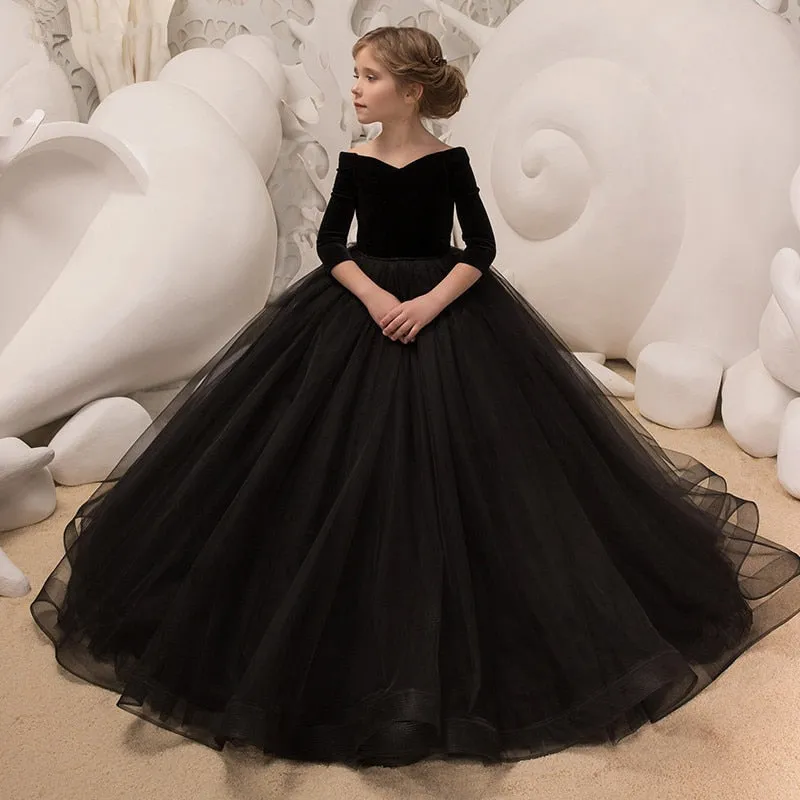 Kids Girls Elegant Long Black Embroidery Prom Dresses