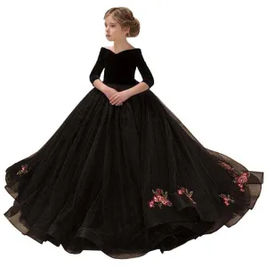 Kids Girls Elegant Long Black Embroidery Prom Dresses
