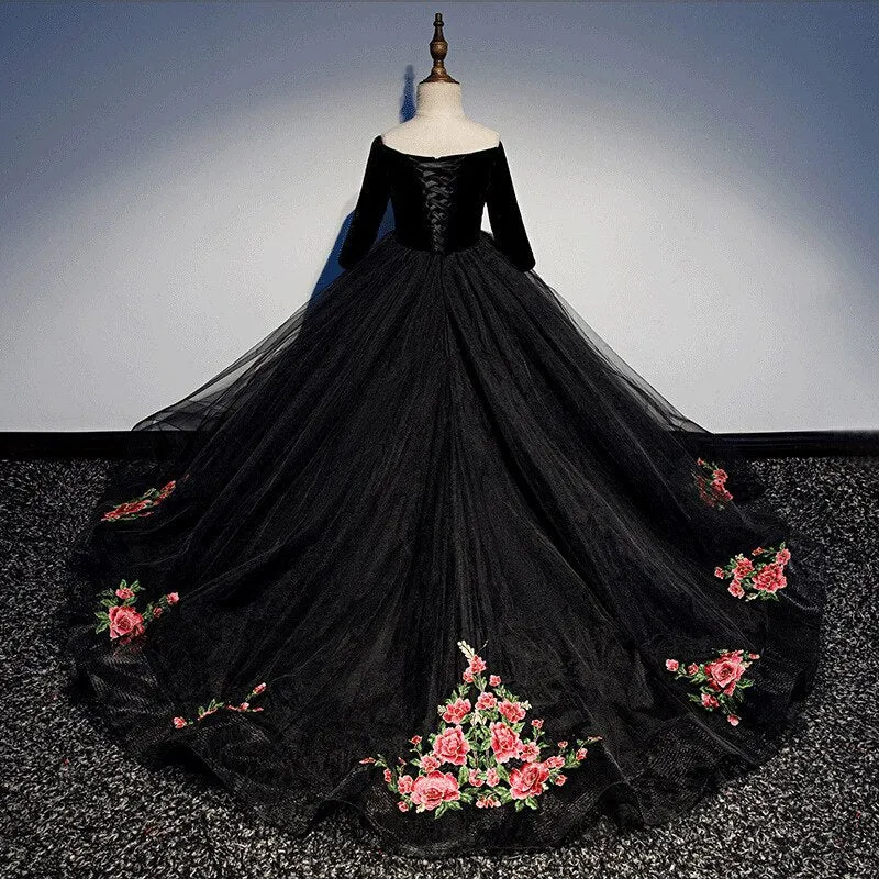 Kids Girls Elegant Long Black Embroidery Prom Dresses