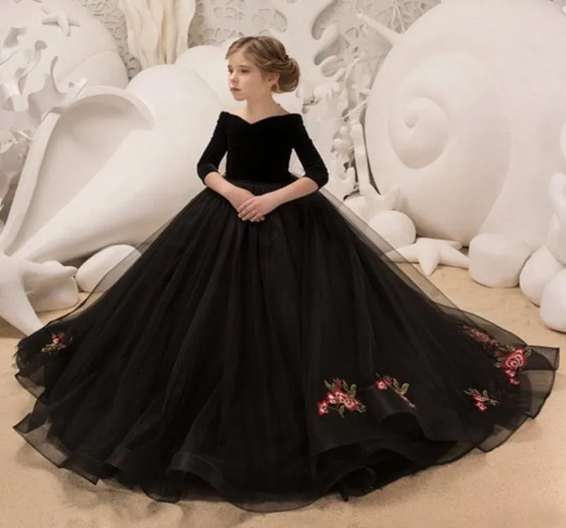 Kids Girls Elegant Long Black Embroidery Prom Dresses