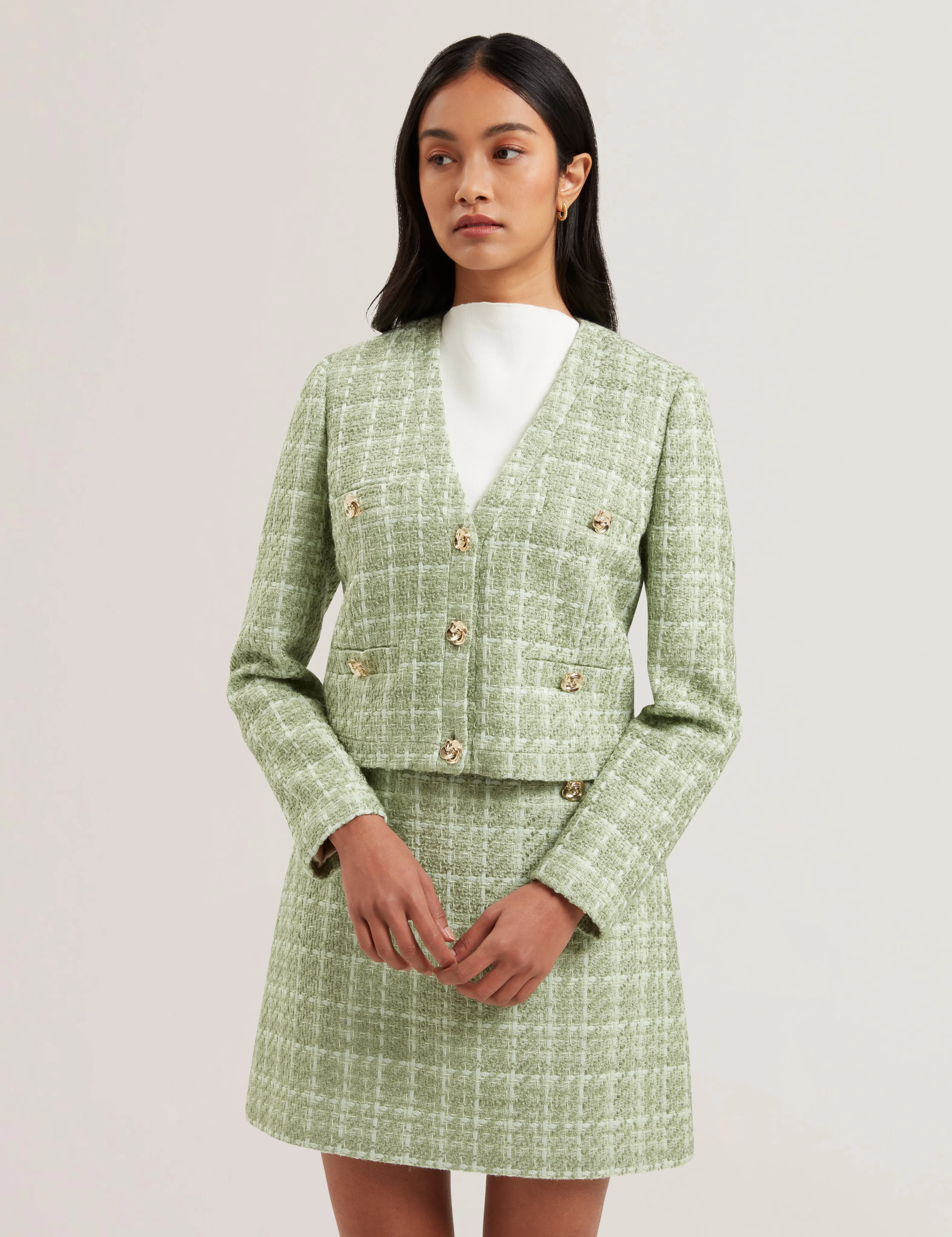 Koma Rose Button Cropped Boucle Tailored Jack Lt-Green
