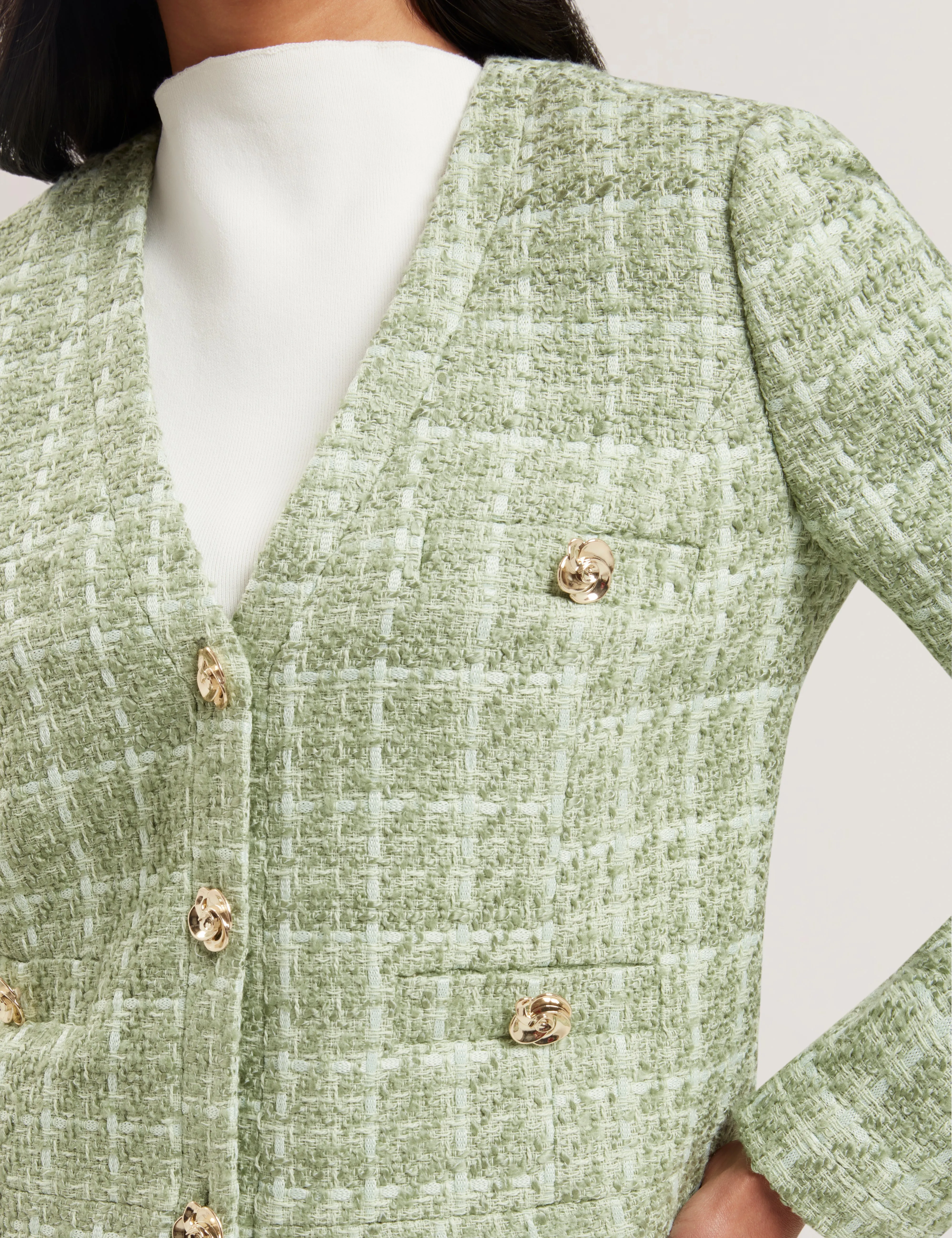 Koma Rose Button Cropped Boucle Tailored Jack Lt-Green