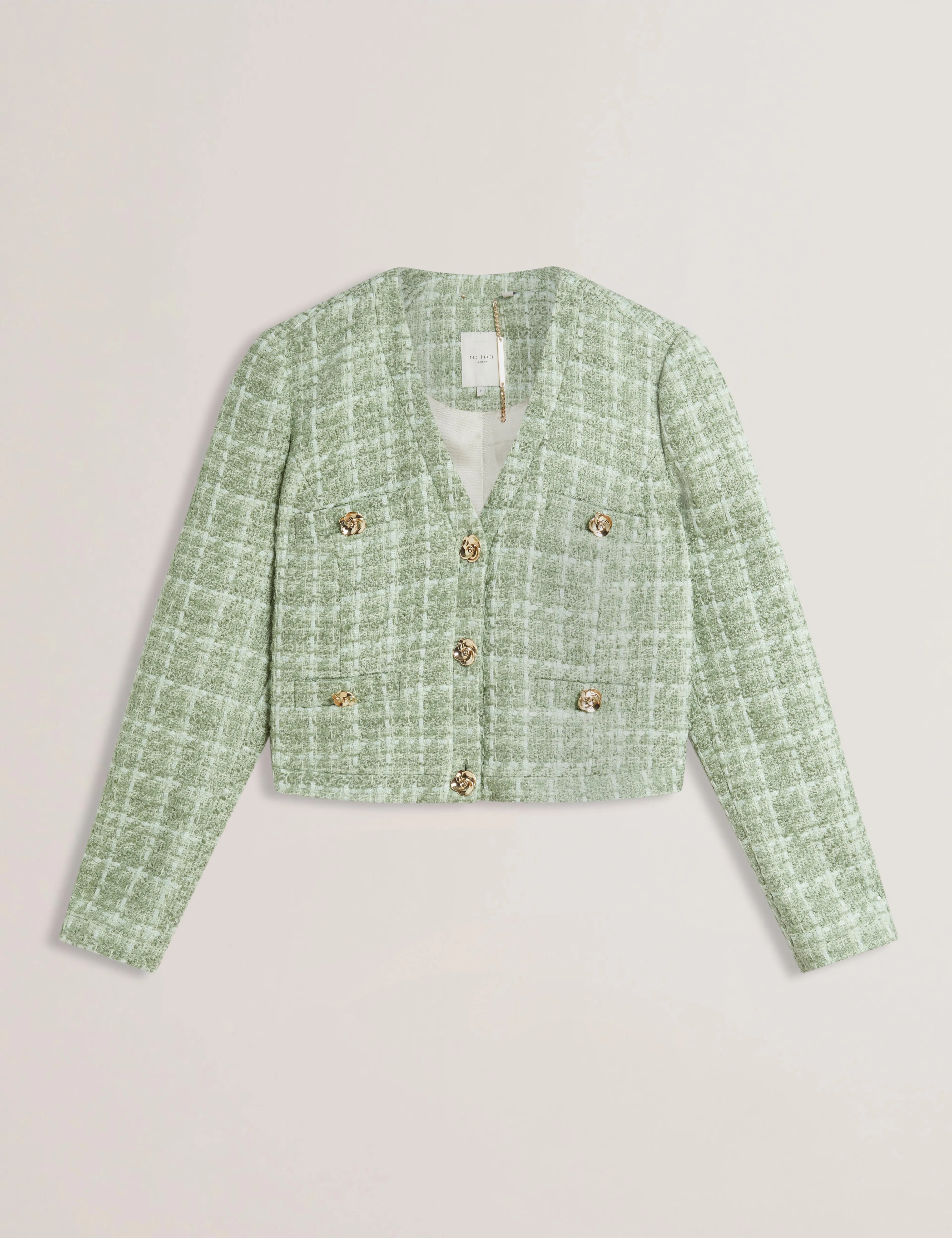 Koma Rose Button Cropped Boucle Tailored Jack Lt-Green