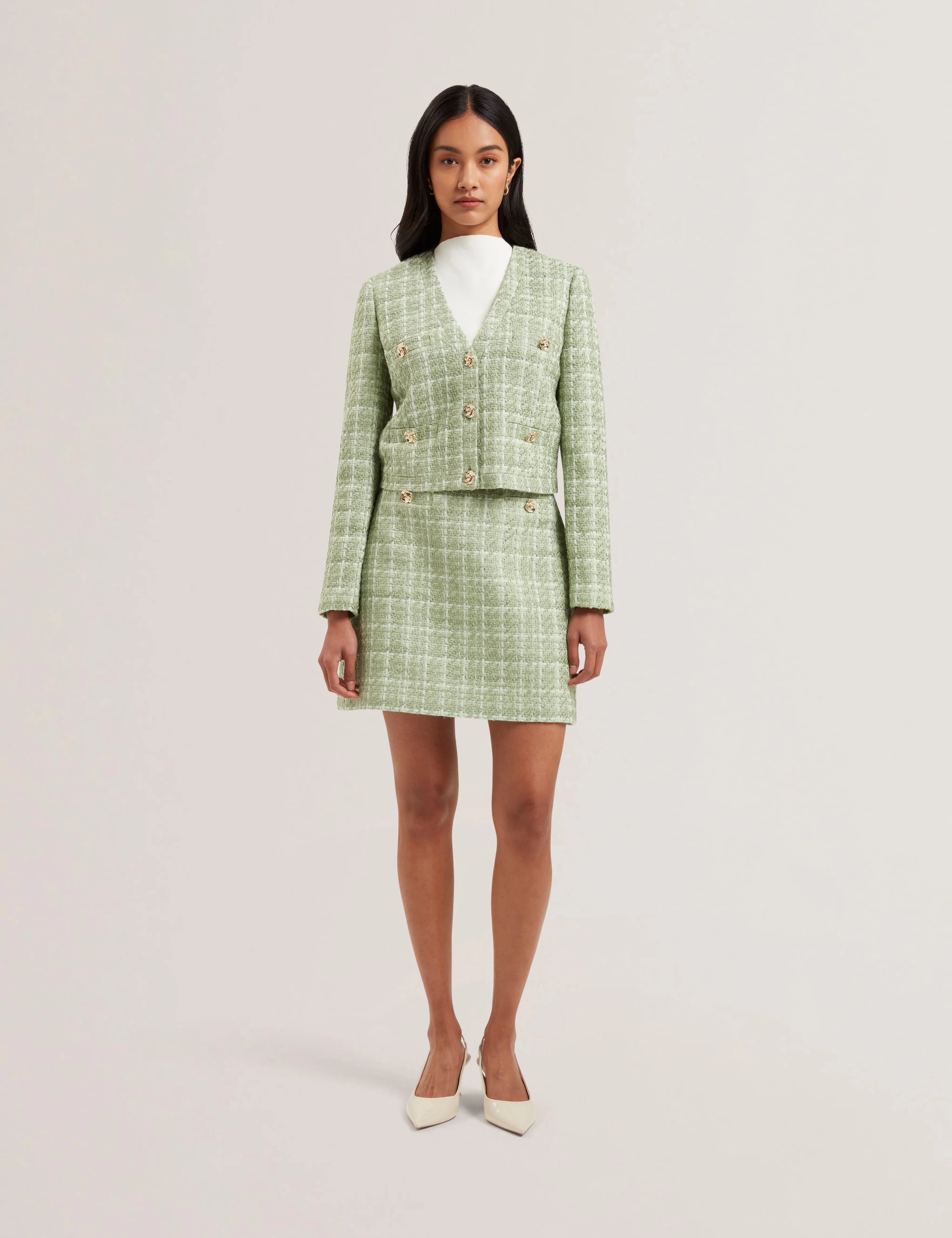 Koma Rose Button Cropped Boucle Tailored Jack Lt-Green