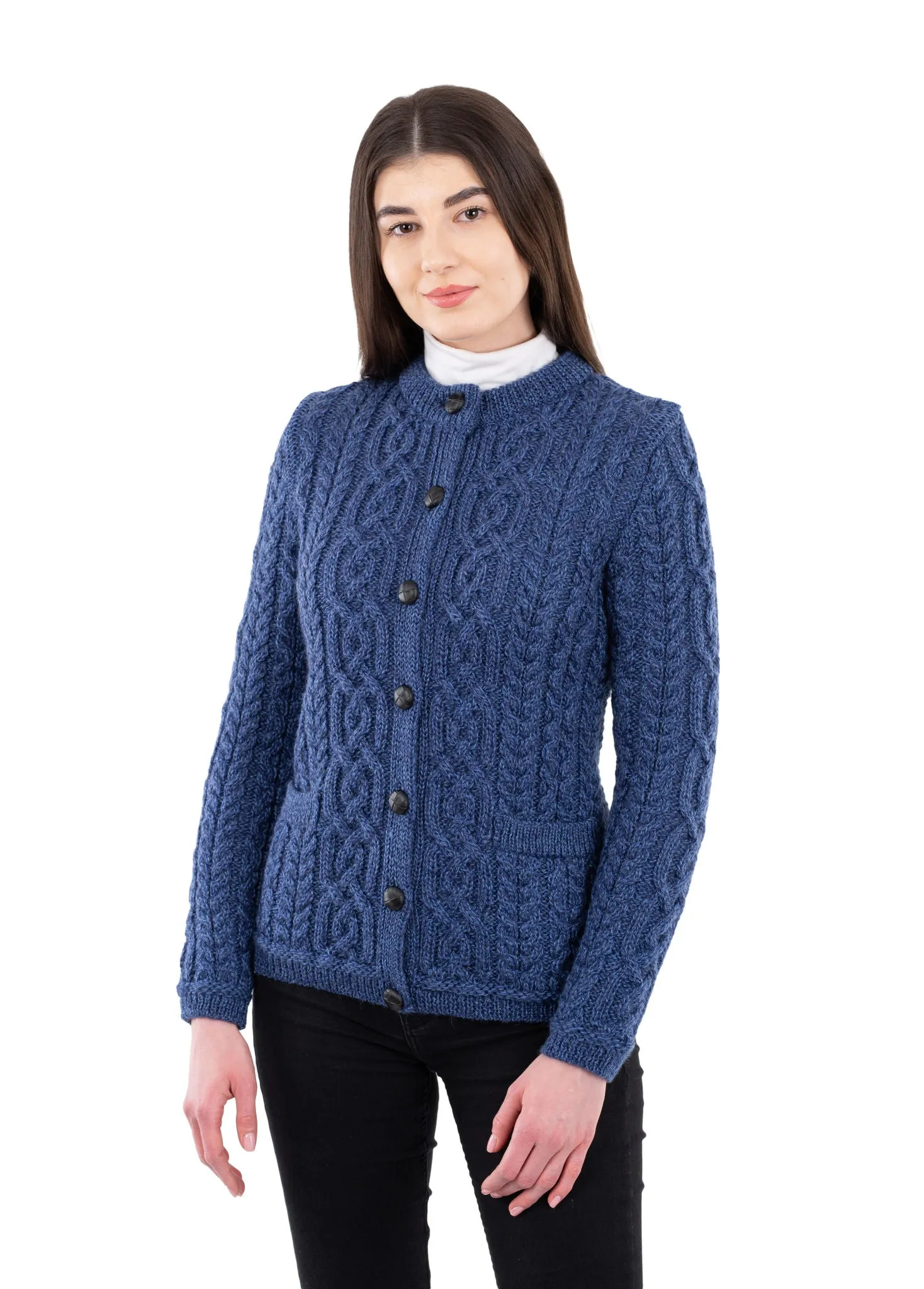 Ladies Button Aran Cardigan | Blue