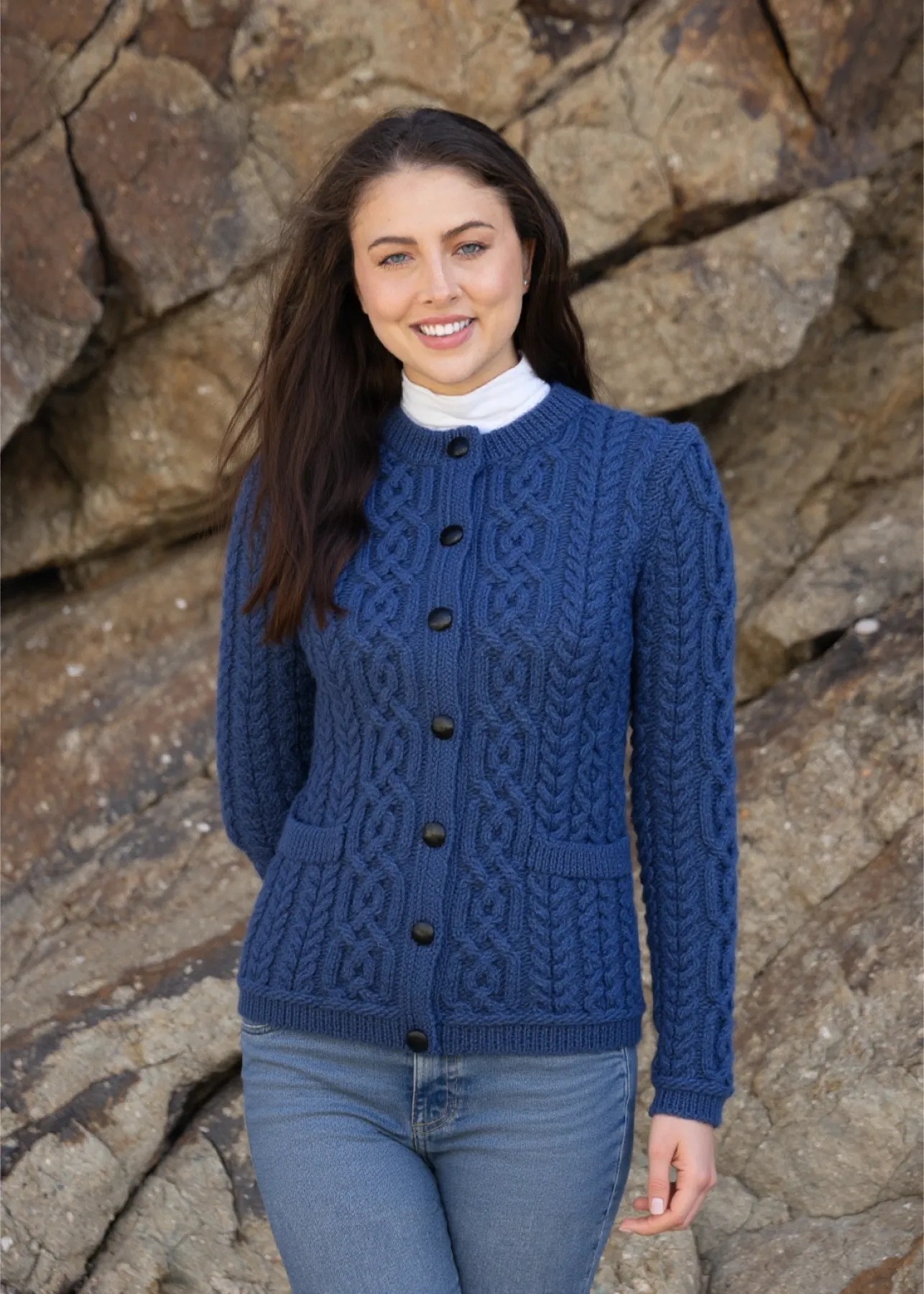 Ladies Button Aran Cardigan | Blue