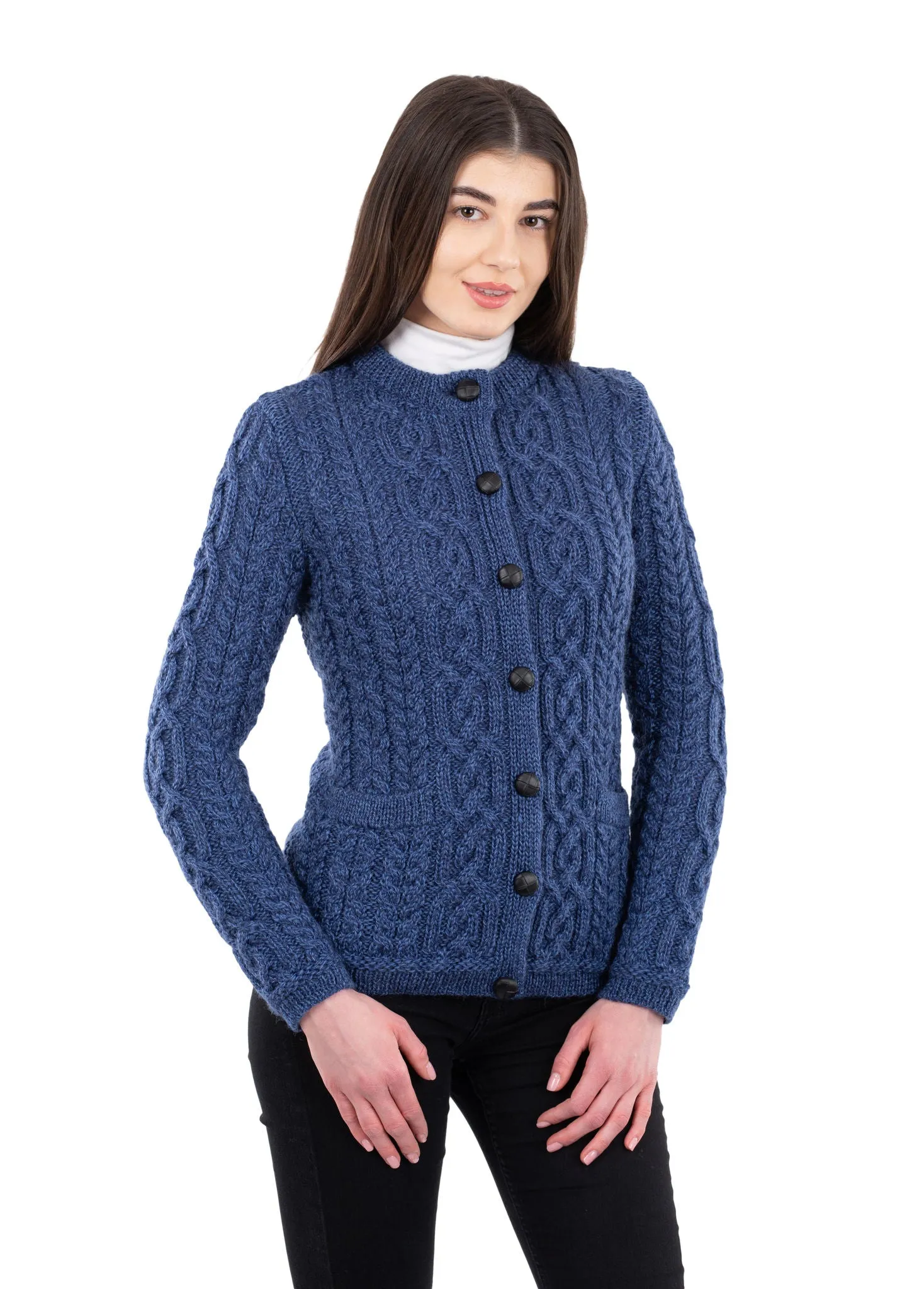 Ladies Button Aran Cardigan | Blue