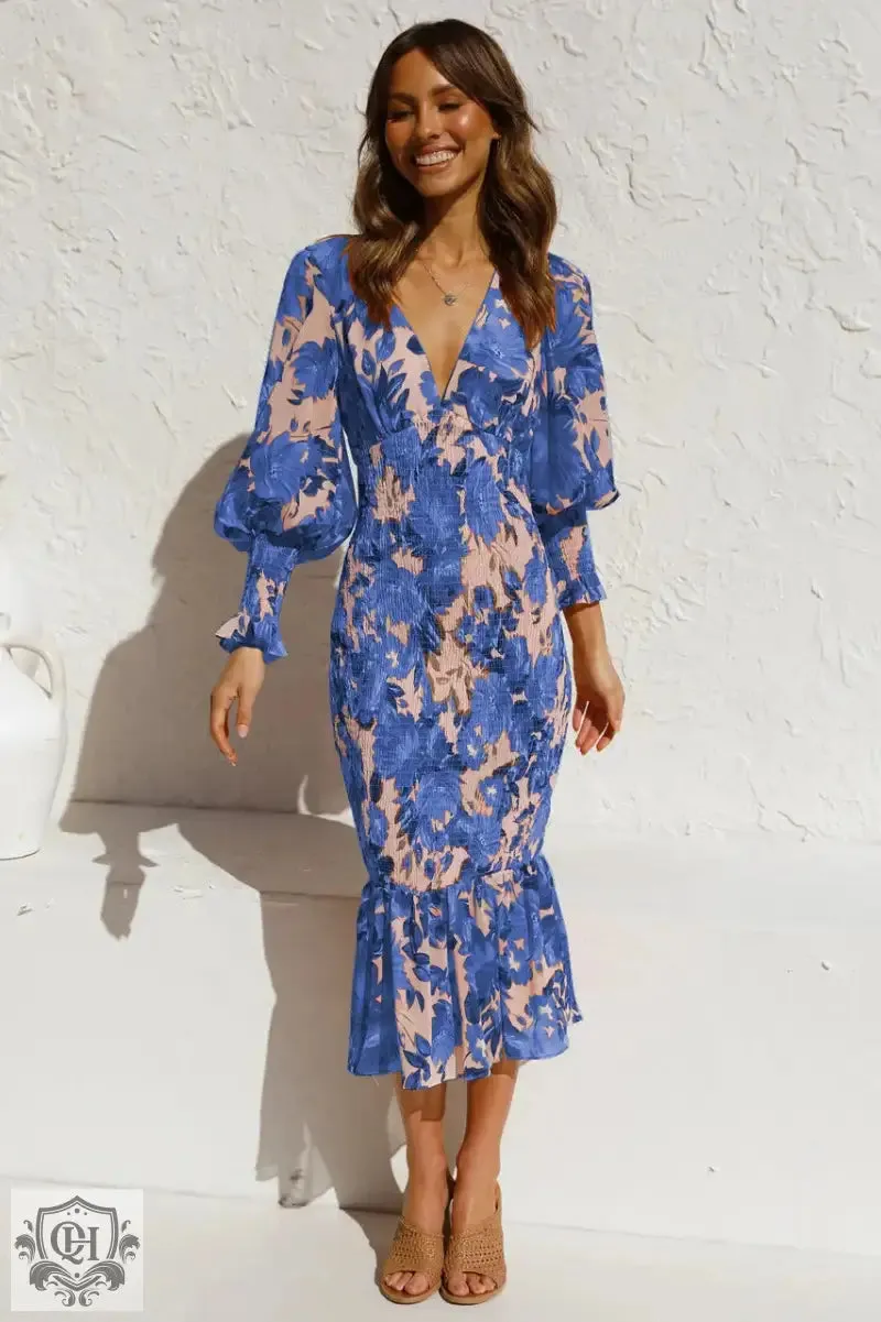 Lantern Sleeve V-Neck Flounced Dress