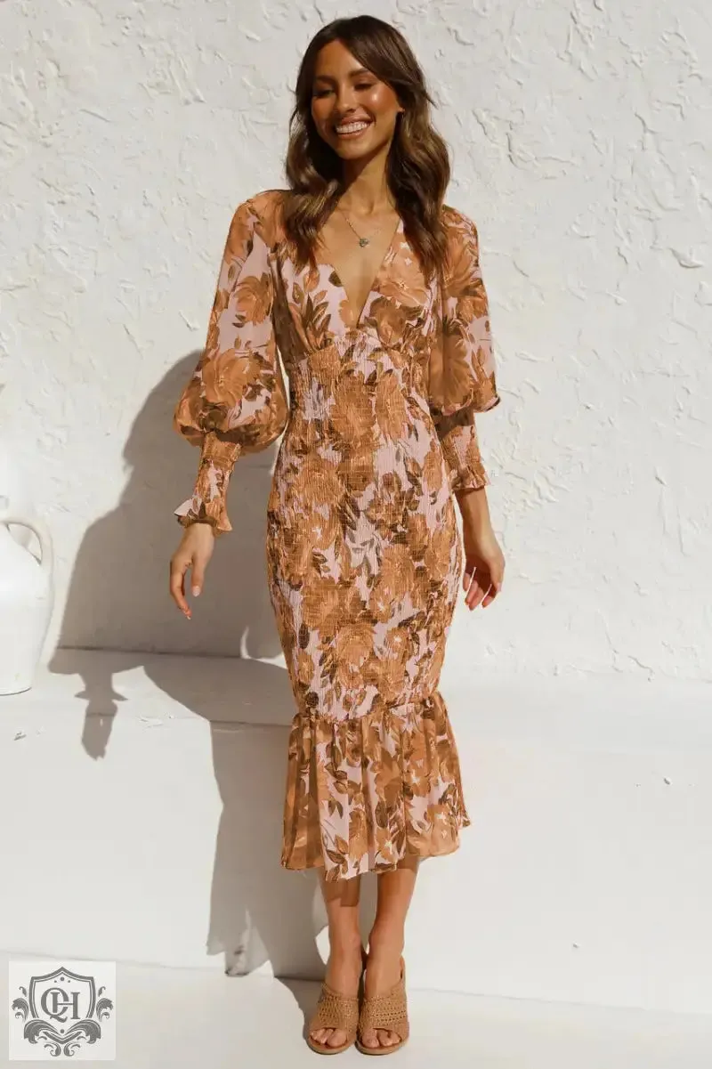 Lantern Sleeve V-Neck Flounced Dress