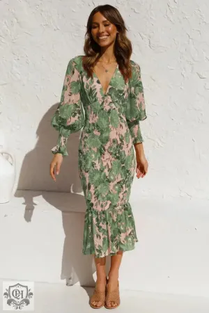 Lantern Sleeve V-Neck Flounced Dress