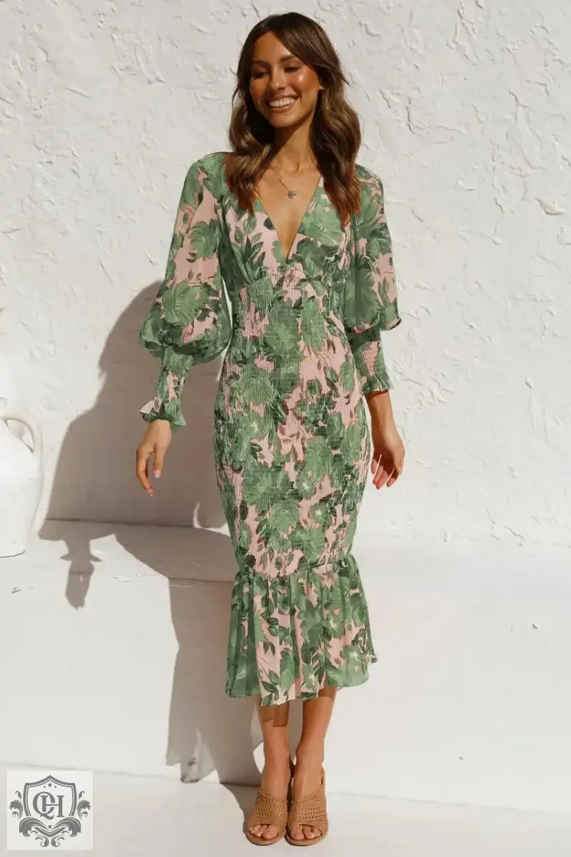 Lantern Sleeve V-Neck Flounced Dress