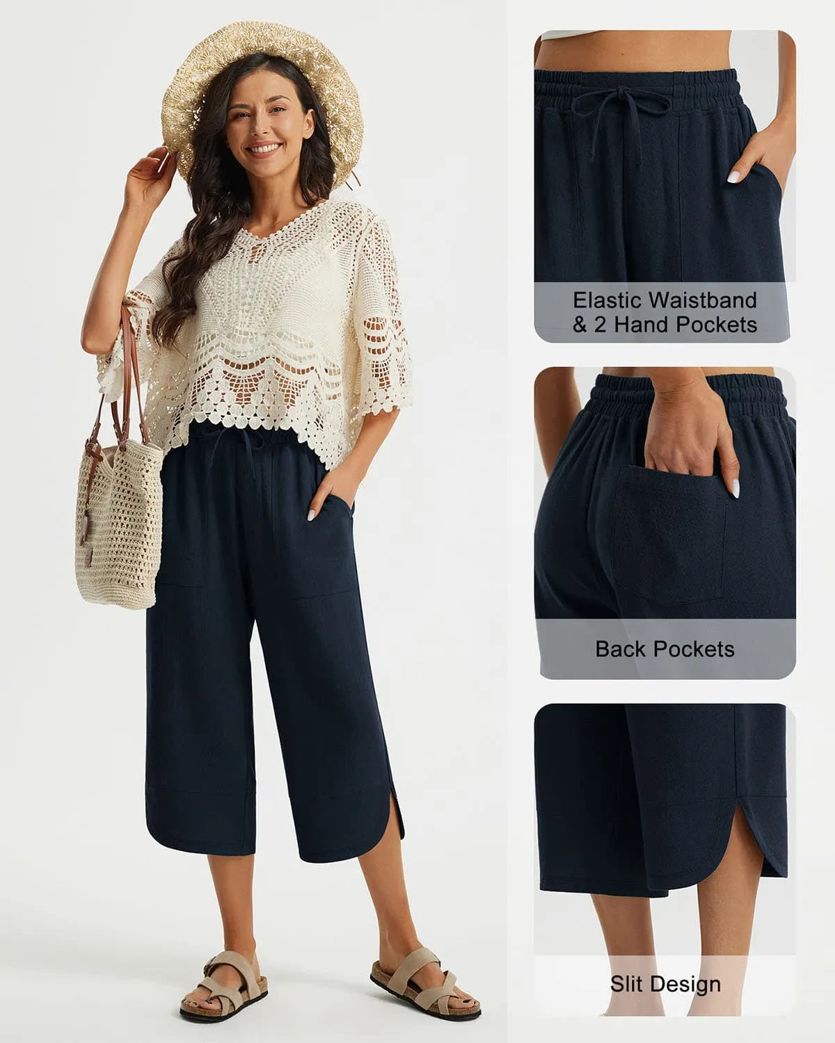 Libin Women's Wide Leg Capri Casual Linen-Feel Pants