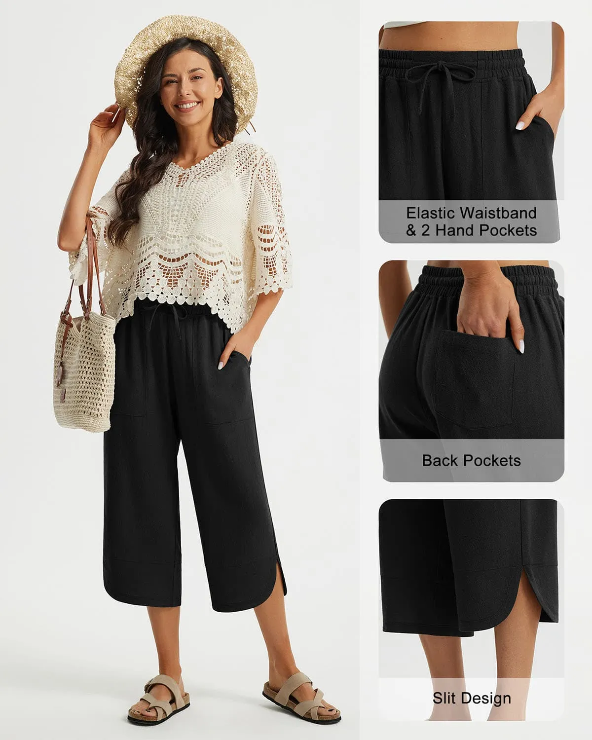 Libin Women's Wide Leg Capri Casual Linen-Feel Pants