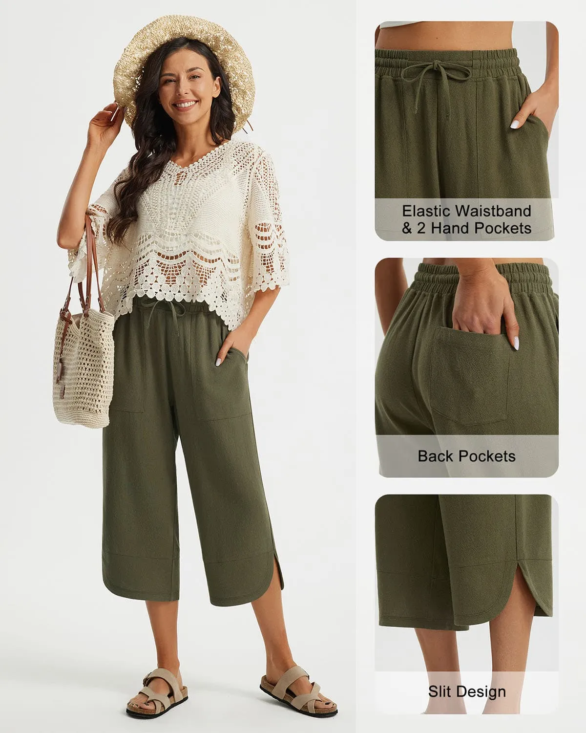 Libin Women's Wide Leg Capri Casual Linen-Feel Pants