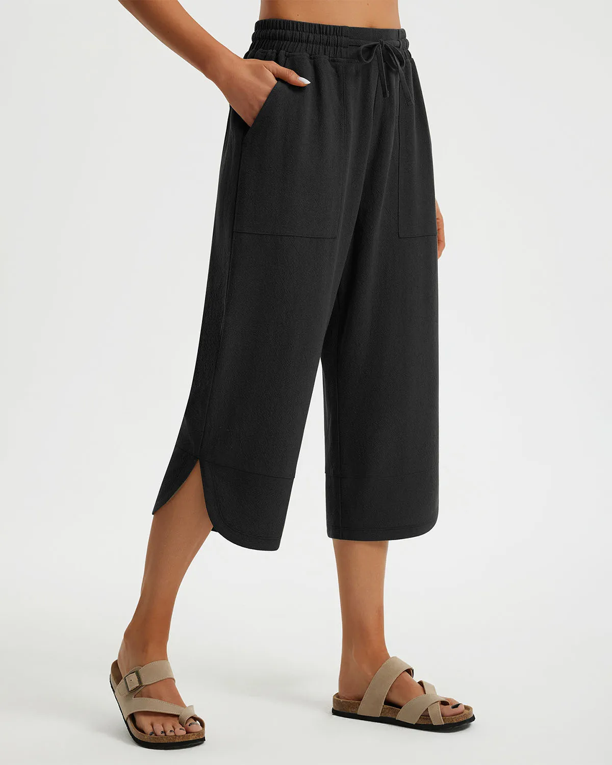 Libin Women's Wide Leg Capri Casual Linen-Feel Pants