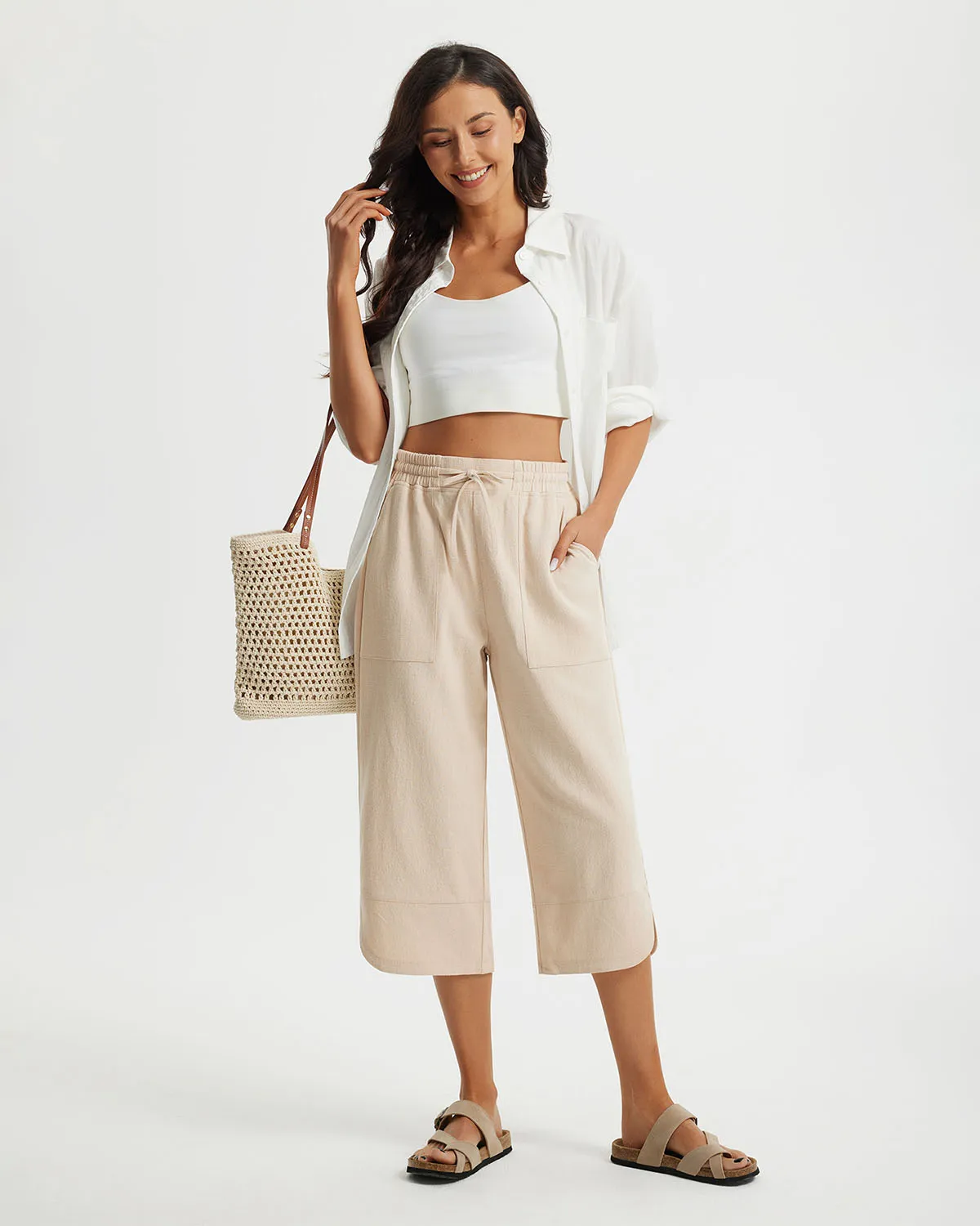 Libin Women's Wide Leg Capri Casual Linen-Feel Pants