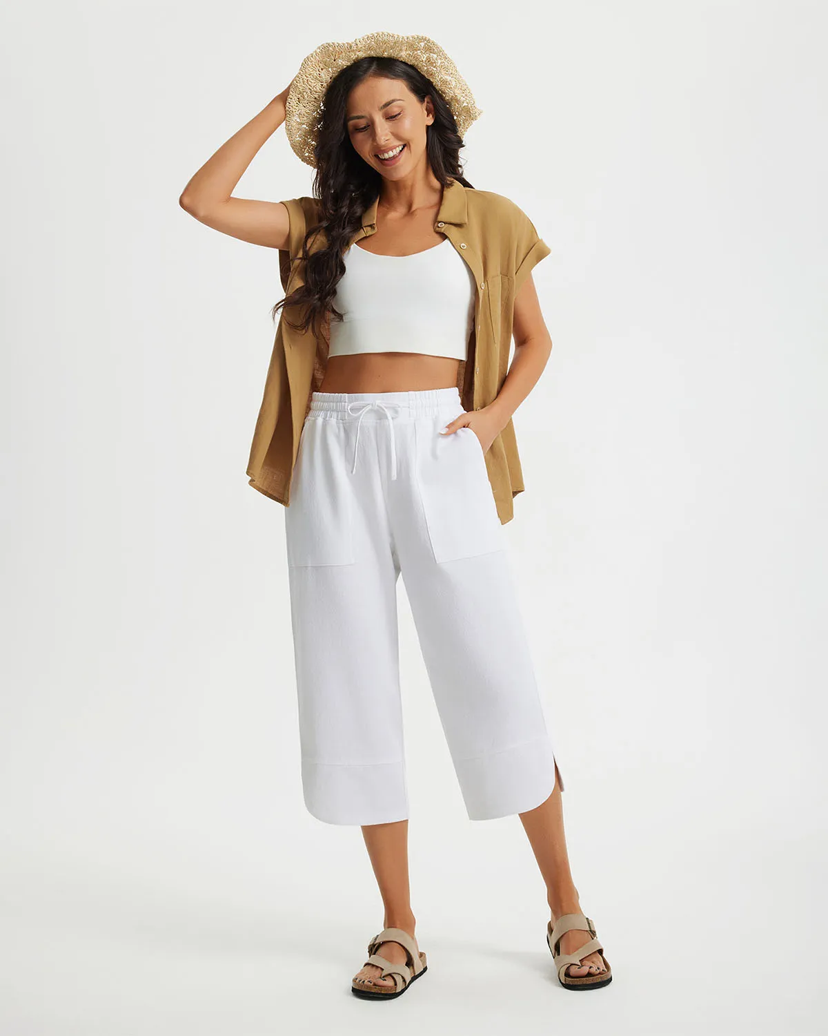 Libin Women's Wide Leg Capri Casual Linen-Feel Pants