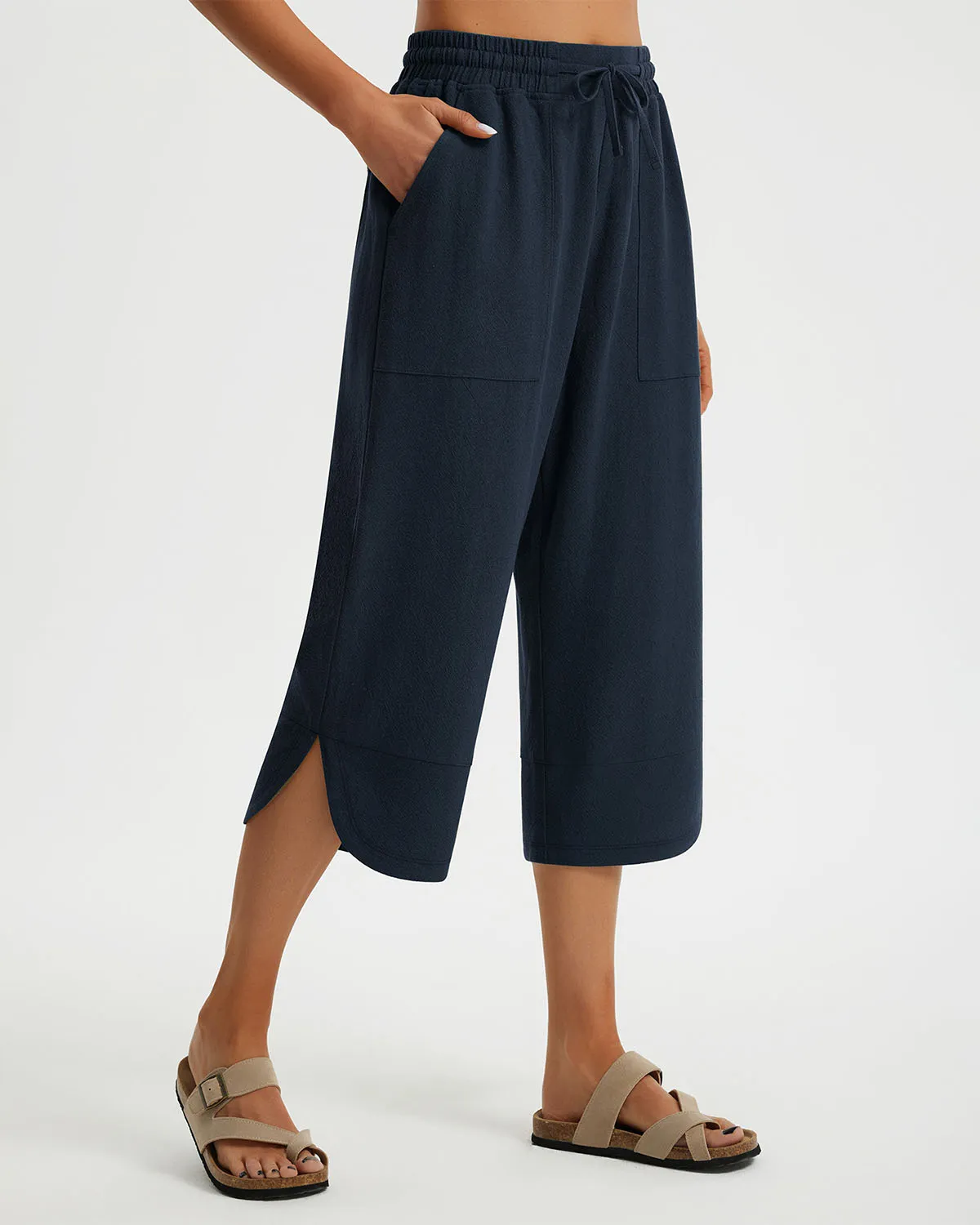 Libin Women's Wide Leg Capri Casual Linen-Feel Pants