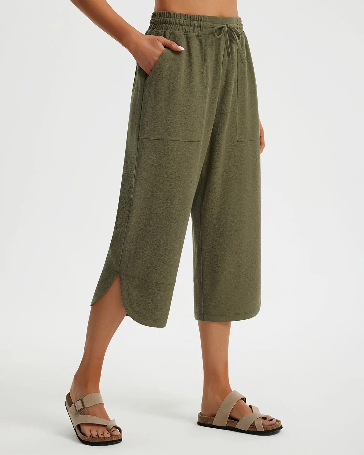 Libin Women's Wide Leg Capri Casual Linen-Feel Pants