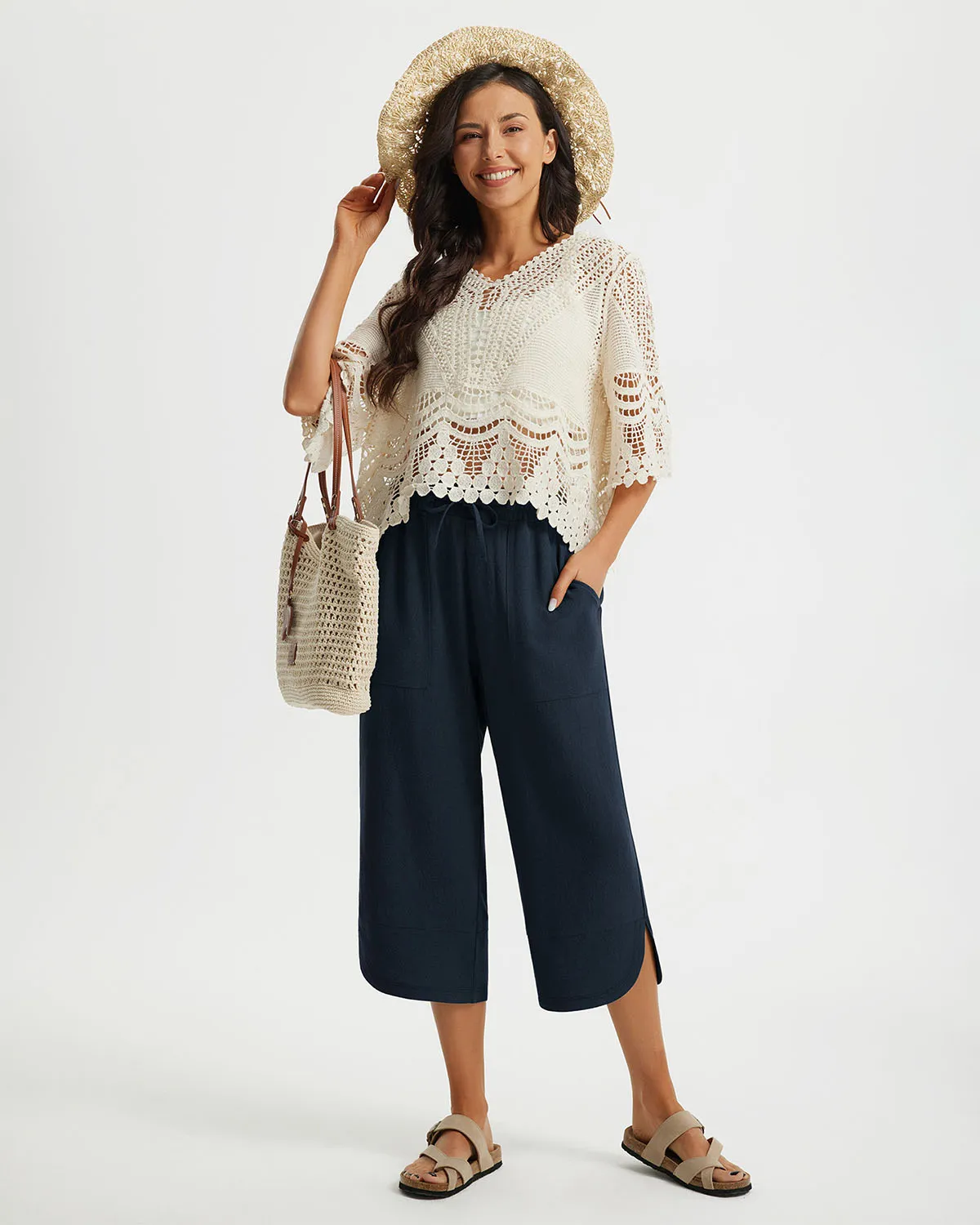 Libin Women's Wide Leg Capri Casual Linen-Feel Pants