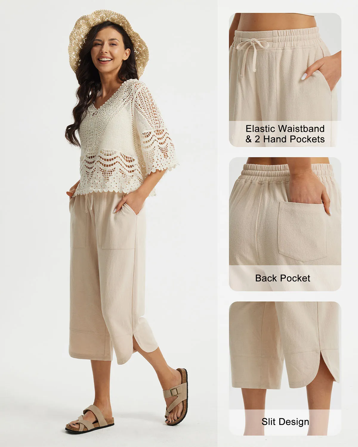 Libin Women's Wide Leg Capri Casual Linen-Feel Pants