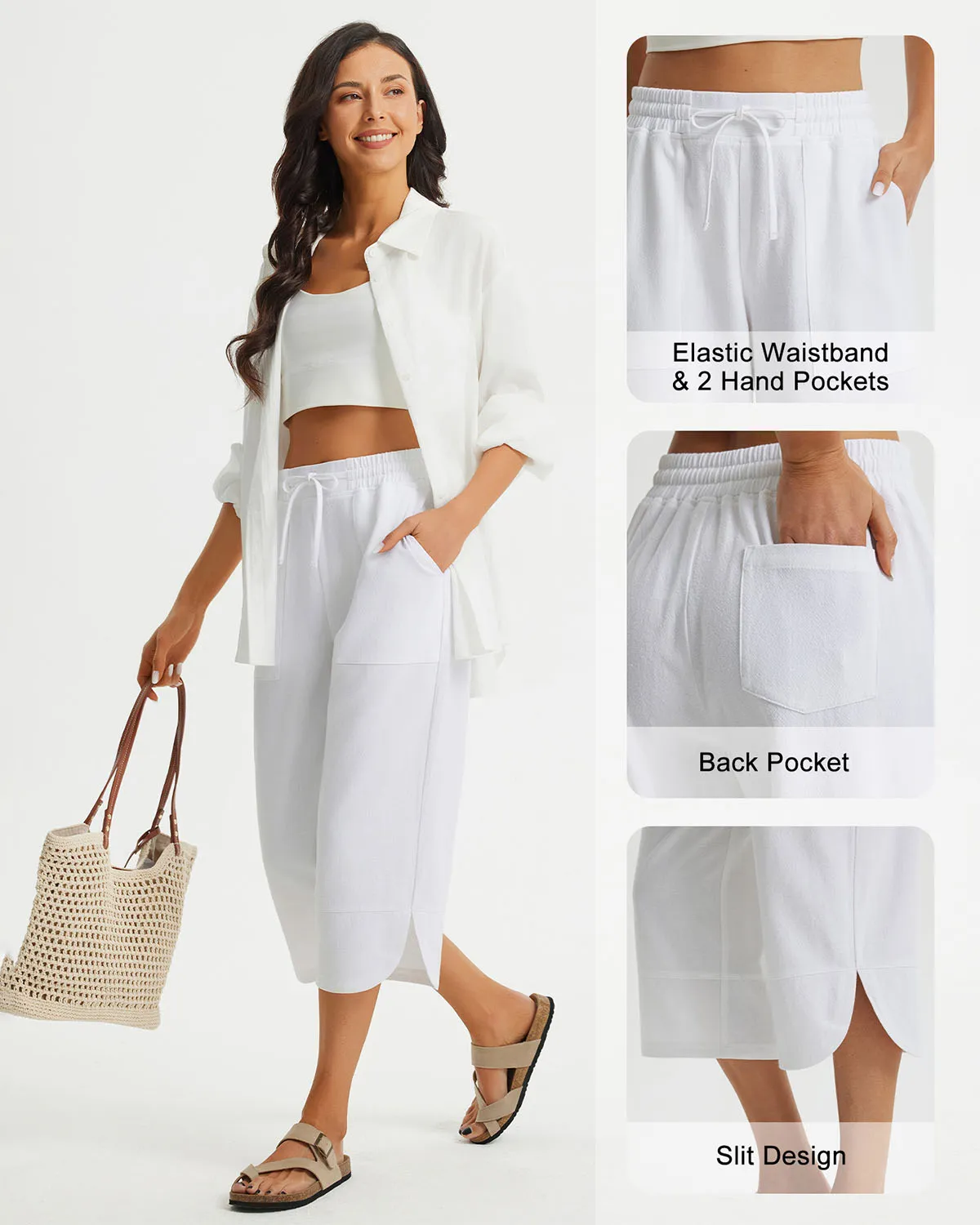 Libin Women's Wide Leg Capri Casual Linen-Feel Pants