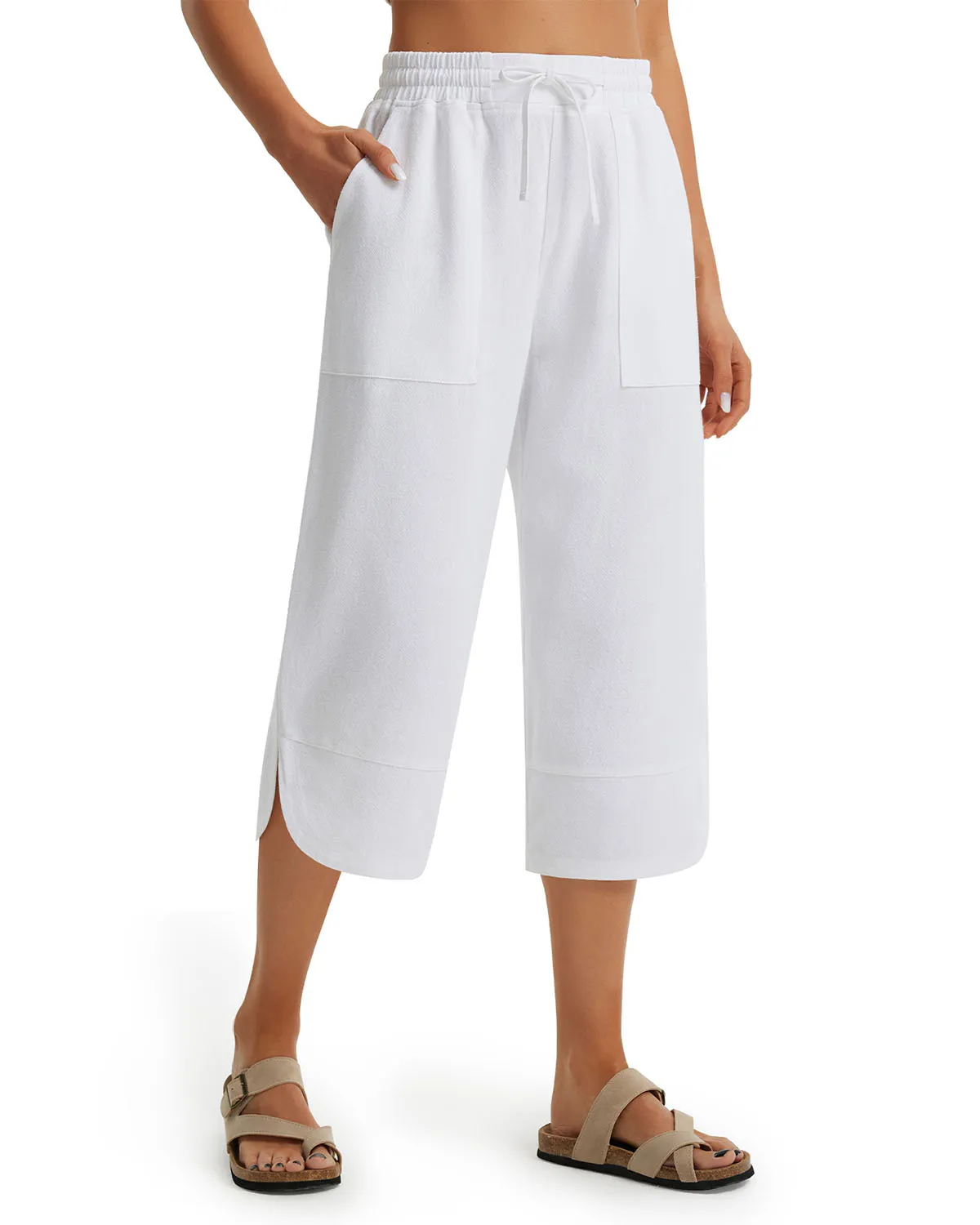 Libin Women's Wide Leg Capri Casual Linen-Feel Pants