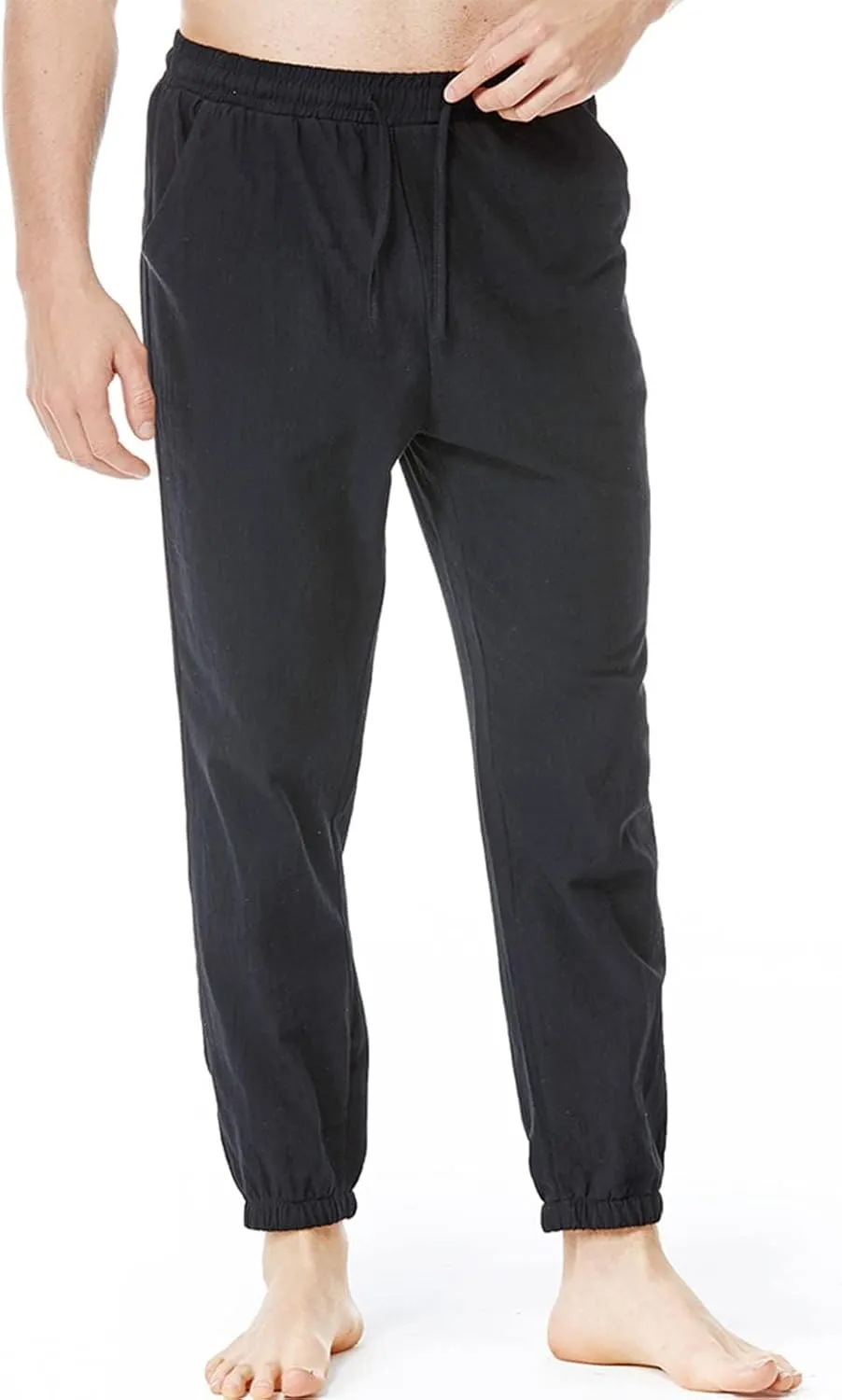 Linen Pants for Men Fashion Drawstring Stretch Cotton Trousers with Pockets Causal Loose Beam Feet Sweatpants