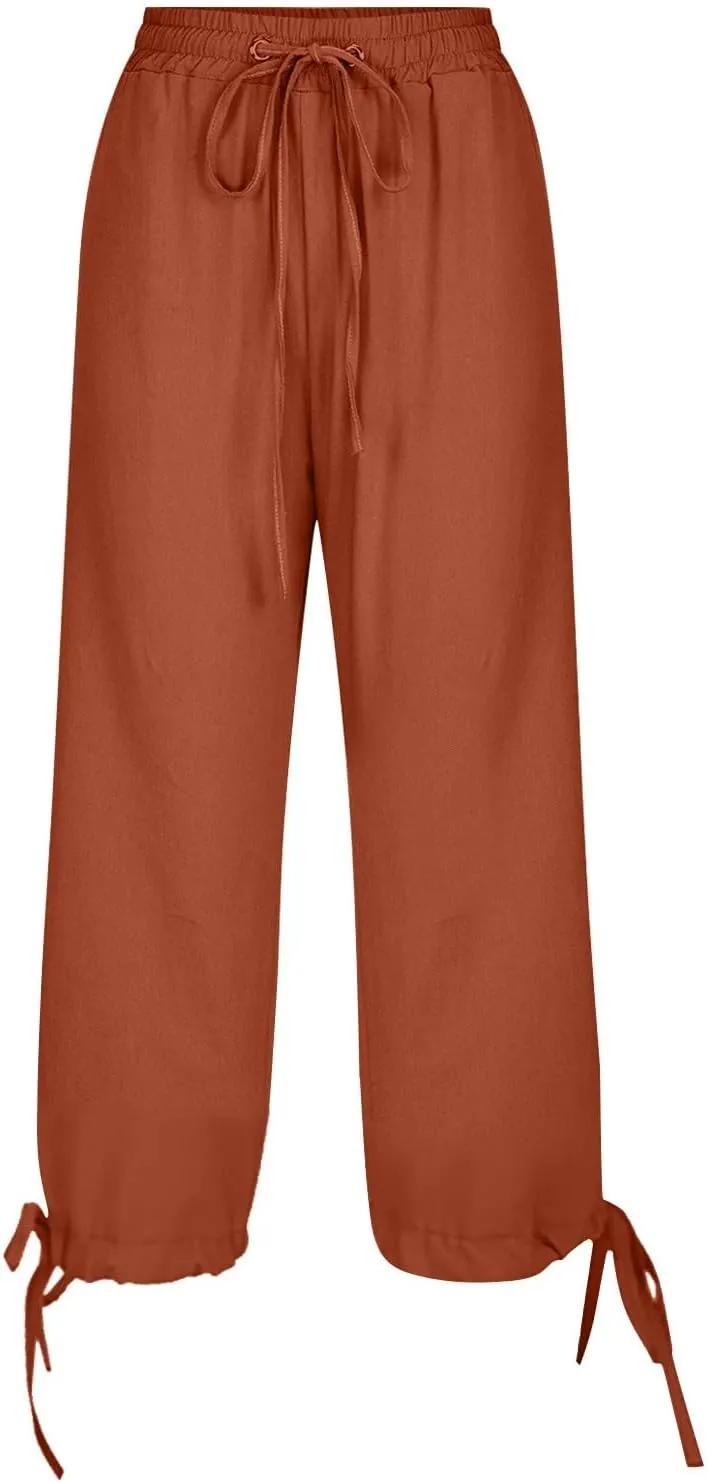Linen Pants Women- Drawstring with Pockets Striped Loose Baggy Travel Trendy Light Weight Stretch Jogging Workout