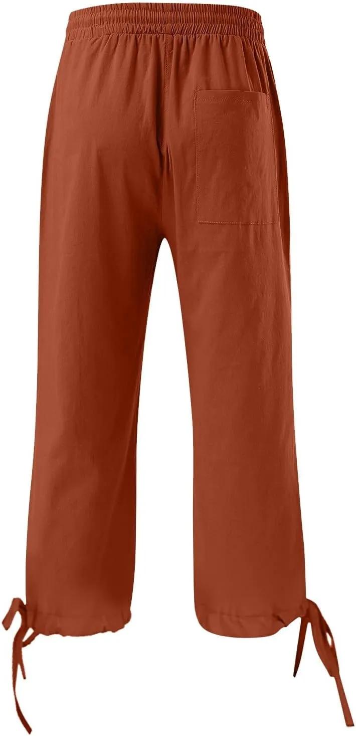 Linen Pants Women- Drawstring with Pockets Striped Loose Baggy Travel Trendy Light Weight Stretch Jogging Workout