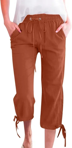 Linen Pants Women- Drawstring with Pockets Striped Loose Baggy Travel Trendy Light Weight Stretch Jogging Workout