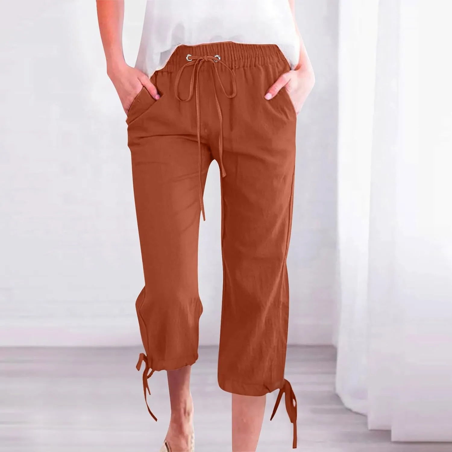 Linen Pants Women- Drawstring with Pockets Striped Loose Baggy Travel Trendy Light Weight Stretch Jogging Workout