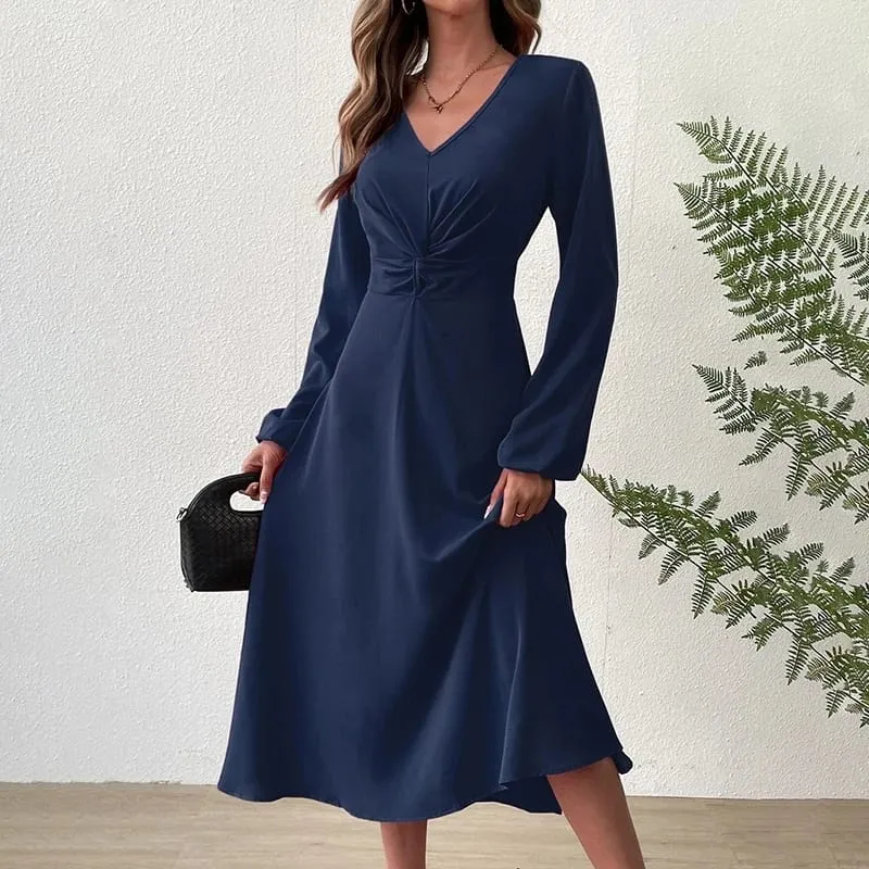 Long Sleeve Elegant Clothes Sexy V-Neck High Waist Party Dresses XL 60866