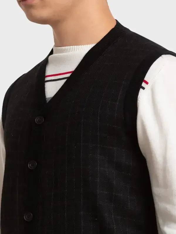 Men Black Classic Fit Checks Polyester Blend Sleeveless V Neck Collar Sweaters