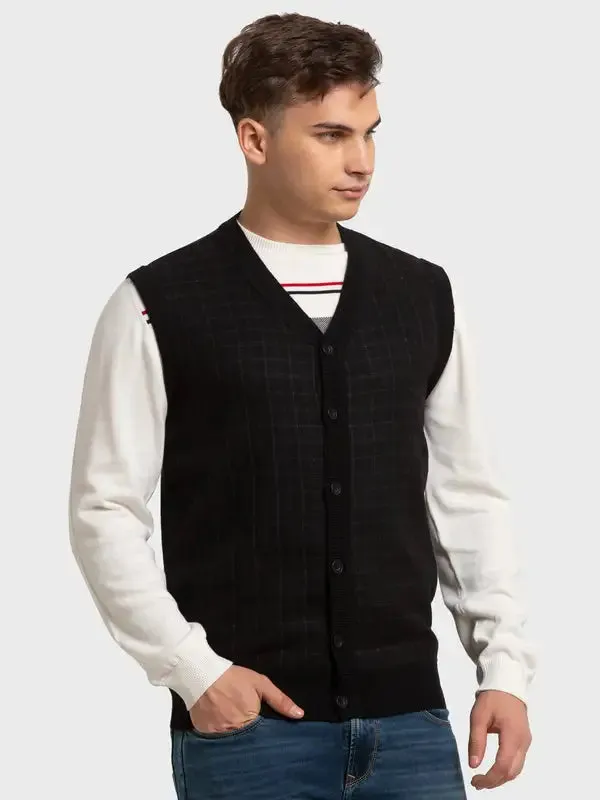 Men Black Classic Fit Checks Polyester Blend Sleeveless V Neck Collar Sweaters