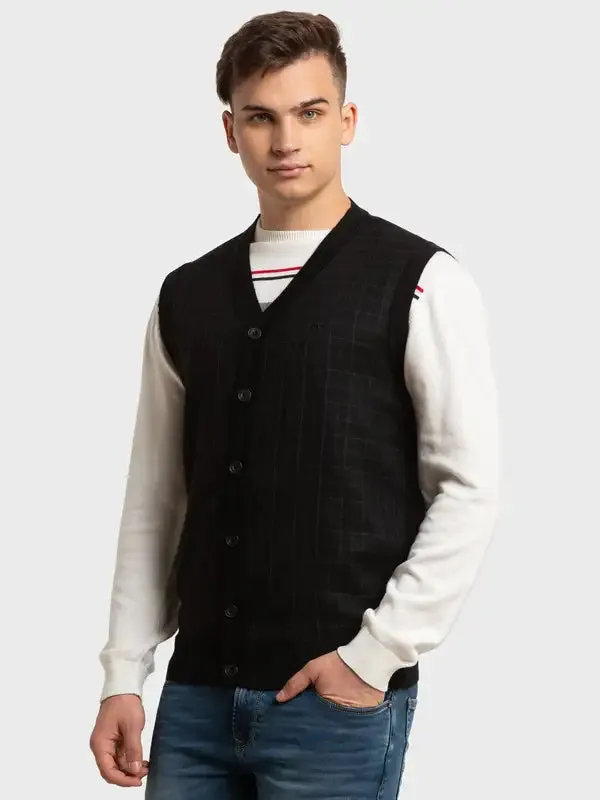 Men Black Classic Fit Checks Polyester Blend Sleeveless V Neck Collar Sweaters
