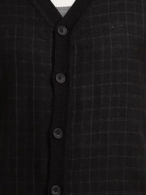 Men Black Classic Fit Checks Polyester Blend Sleeveless V Neck Collar Sweaters