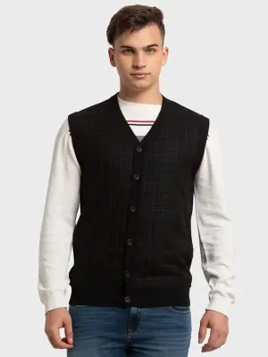 Men Black Classic Fit Checks Polyester Blend Sleeveless V Neck Collar Sweaters