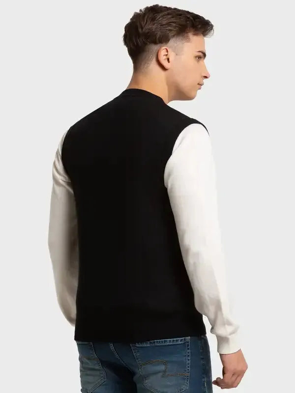 Men Black Classic Fit Checks Polyester Blend Sleeveless V Neck Collar Sweaters